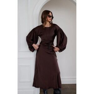 WeWoreWhat Maxi Dress Balloon Sleeve Satin Charmeuse Tie Waist Brown 2 Boho Chic